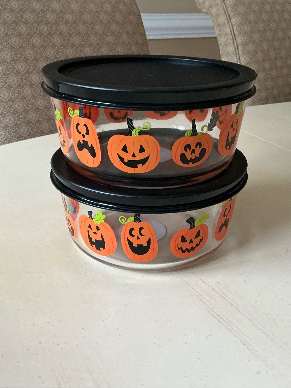 Set 2 NWT Halloween Jack-O-Lantern Glass Storage Bowls & Lids 🎃